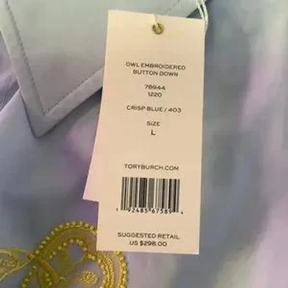 Tory Burch Button-Up Shirt Womens Size L Blue NWT Owl Embroidery Long Sleeve - Picture 6 of 12